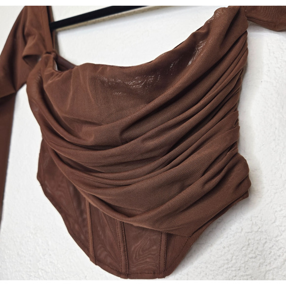 Zara Corset Top Womens Medium Brown Mesh Sheer Cropped Ruched Off Shoulder Y2K - Picture 4 of 12